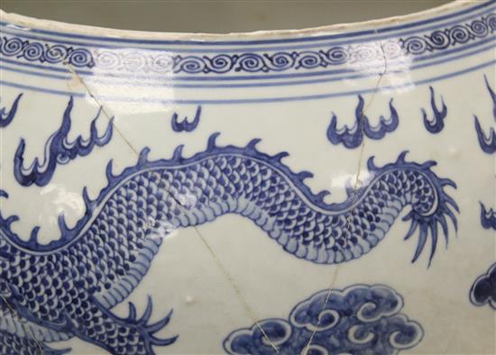 A massive Chinese blue and white dragon tripod censer, Qianlong mark and of the period (1736-95)